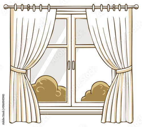 Drawing of a window with white curtains drawn back revealing clouds and sky outside