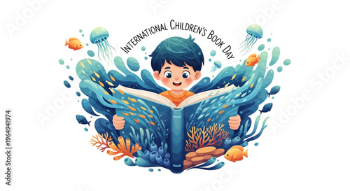 A cheerful child reading an open book surrounded by colorful aquatic elements on International Children's Book Day with illustrations and vector design.