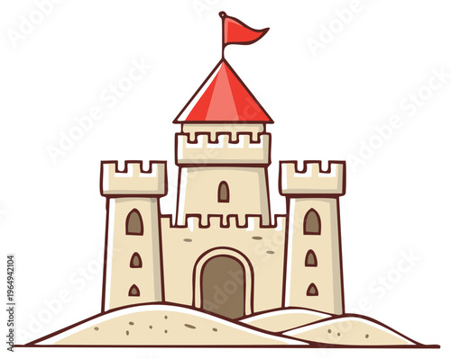 Cartoon Sandcastle with Flag, Towers and Arches Built on a Sand Dune for Seaside Fun