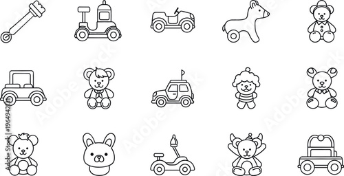 Children's Toys Icon Set Featuring Teddy Bears, Cars, Bikes, and Playful Items for Websites, Apps, and Digital Media