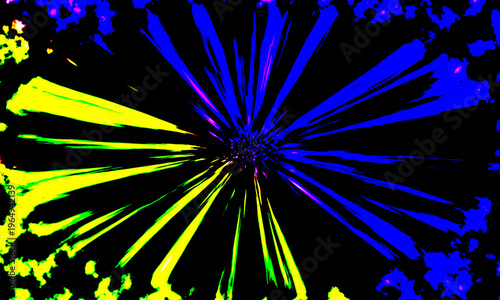 Vibrant blue and yellow streaks radiating from a central point on a black background with colorful splotches
