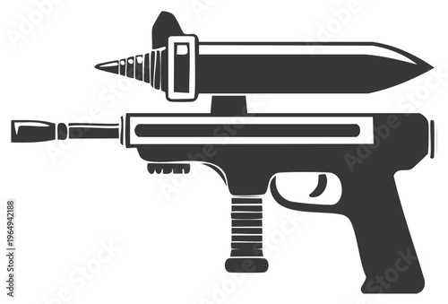 Stylized futuristic blaster weapon with a mounted missile or scope. Sci-fi raygun graphic illustration.