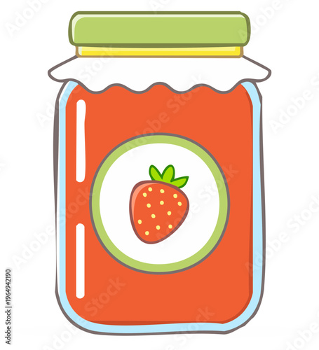 Jar of Strawberry Jam Illustration Preserves Seasonal Fruit in Cute Cartoon Style