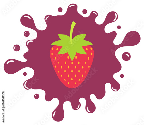 Cartoon strawberry vector illustration in a vibrant splash of purple berry jam or juice.