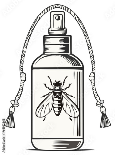 Insect repellent spray bottle with a bee illustration and rope handle