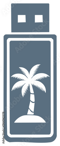 Stylized USB flash drive with a white palm tree on an island icon representing tropical vacation data storage
