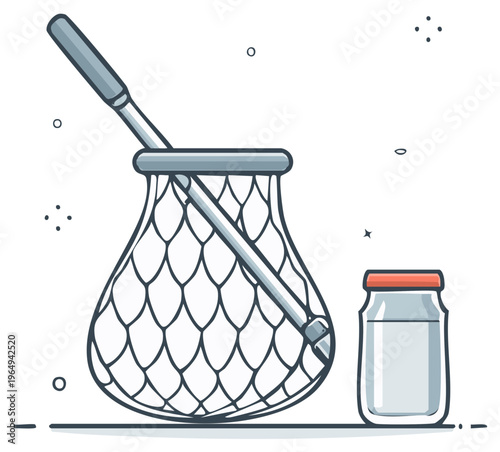 Illustration of a fishing net and jar of preserves in a cartoon style