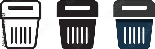 Set Of Three Trash Cans With Different Styles And Colors, Simple Vector Icons