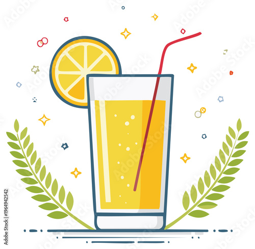 Refreshing glass of yellow citrus juice with lemon slice and red straw decorated with greenery and sparkles