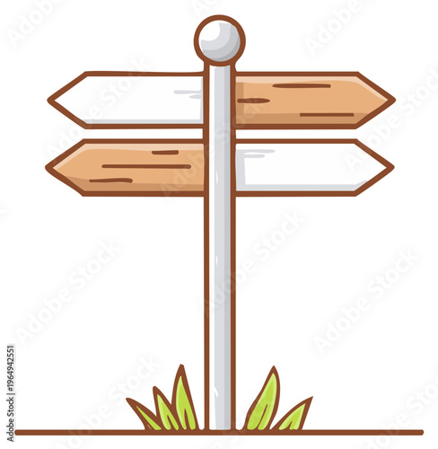 Cartoon Directional Signpost with Arrow Shapes and Green Grass Growing at the Base of the Pole Indicates Two Opposite Directions