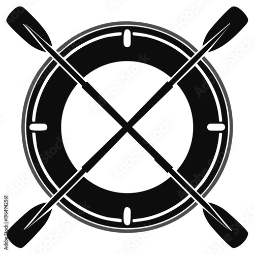 Adventure water sport emblem featuring an inflatable boat and crossed paddles vector illustration