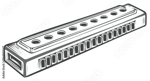 Vintage harmonica musical instrument in a retro hand drawn engraved illustration style
