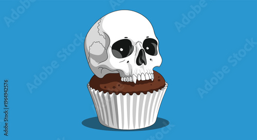 White human skull resting on top of a chocolate cupcake with a white wrapper, creating a macabre yet sweet piece of gothic artwork.