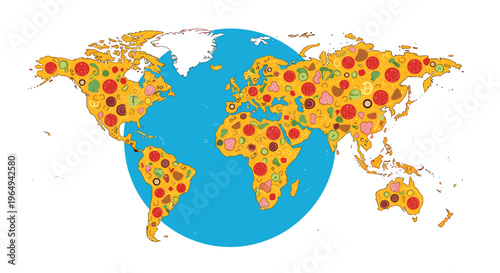 World map where the continents are made of pepperoni pizza slices on a blue globe, celebrating international love for Italian cuisine.