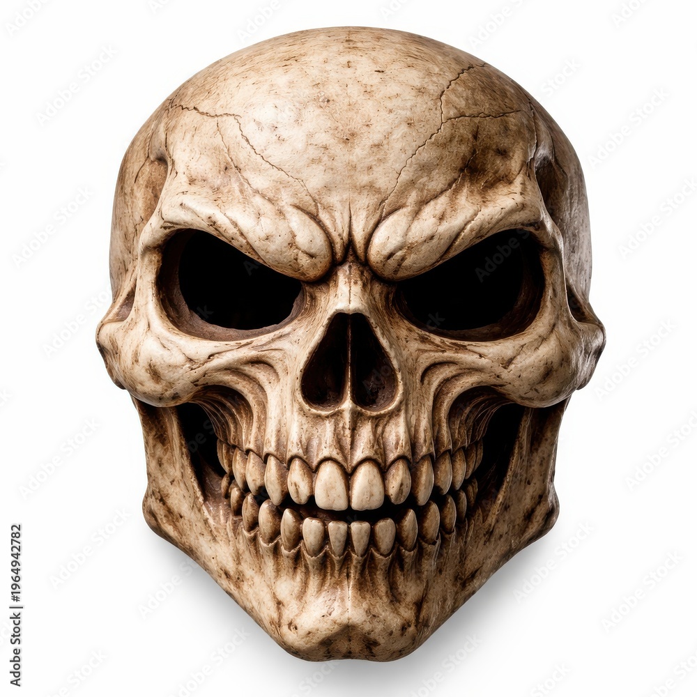 Fototapeta premium Scary human skull with menacing grin and dark eye sockets on white background.