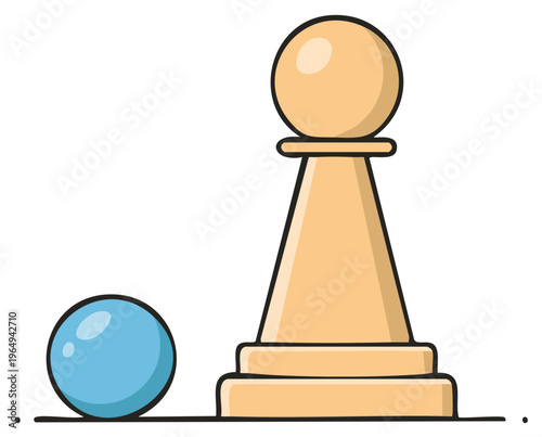 Cartoon chess pawn and blue sphere abstract comparison illustration