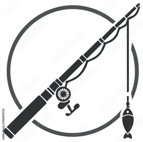 Fishing pole silhouette with caught fish in a circle, angling equipment design, graphic icon for hobby or sport concept