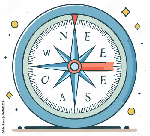 Blue compass pointing east with cardinal directions and stars illustration