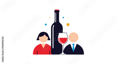 Graphic icon depicting a man and a woman standing on either side of a large wine bottle and a glass of red wine.