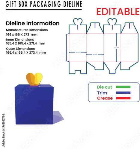 Gift Box Packaging Dieline Template With Dimensions And Instructions die cut