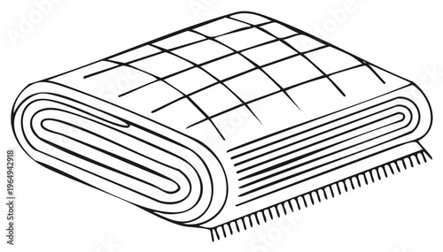 Line art roll blanket with fringed edge and square pattern. Folded textile, cartoon outline illustration.