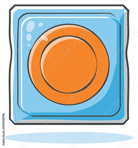 Cartoon icon of a single condom in a square blue and orange wrapper