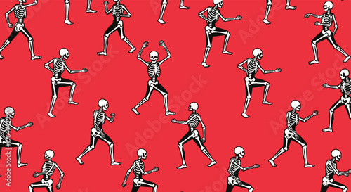 Multiple white human skeletons walking in various directions across a solid red background in a rhythmic and slightly spooky pattern.