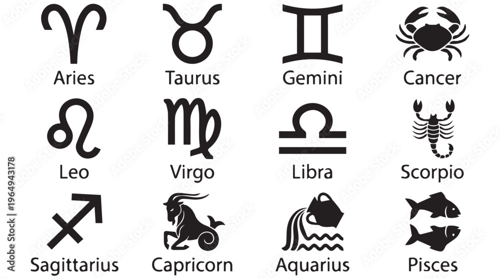 Obraz premium Zodiac signs and symbols for astrology and horoscope readings on a Transparent Background