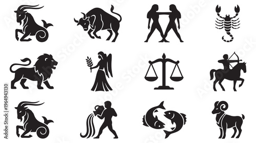 A collection of black zodiac sign silhouettes on a Transparent Background