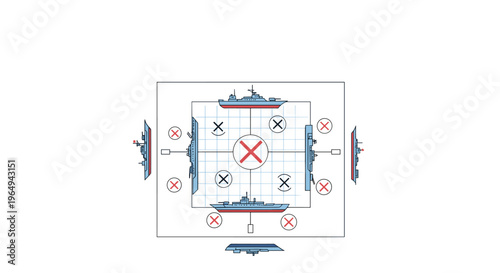 Tactical naval battle game layout with warships and red X marks on a grid, representing a strategic board game or military simulation.