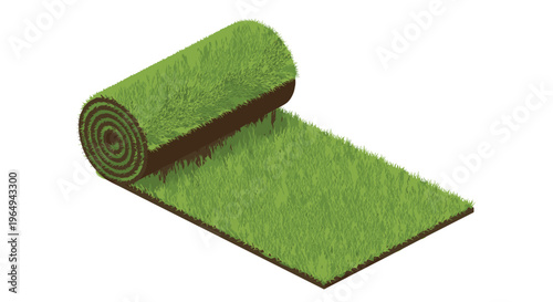 Isometric illustration of a roll of fresh green sod partially unrolled on a dark base, representing lawn care and landscaping services.