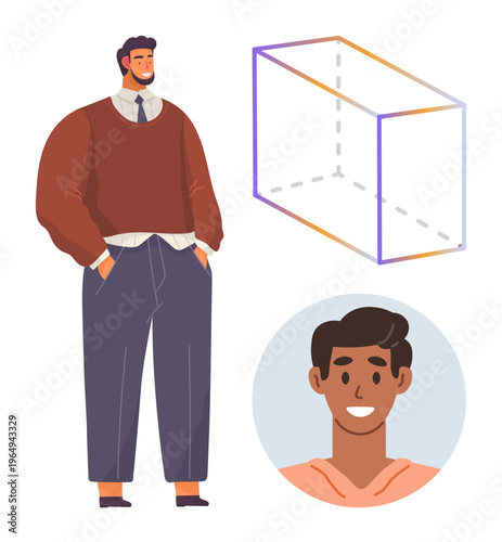 Personal growth, self-perception, innovation, geometry, visual , individuality. Man standing with hands in pockets, geometric cube and smiling face in a circle. Personal growth and self-perception