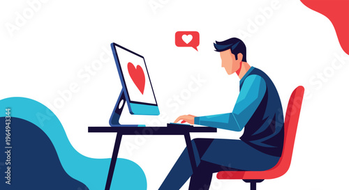 Man sitting at a desk and working on a computer screen that displays a large red heart, symbolizing online dating or digital affection.