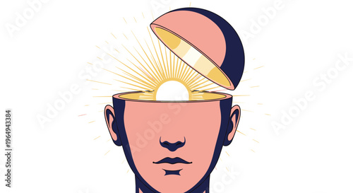 Surreal illustration of a human head with the top opened up to reveal a glowing sun, representing enlightenment or a bright idea.