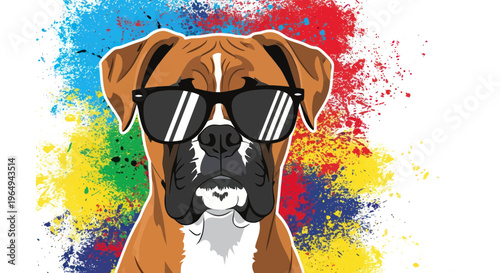 Cool Boxer Dog Wearing Sunglasses with Colorful Paint Splatter Background