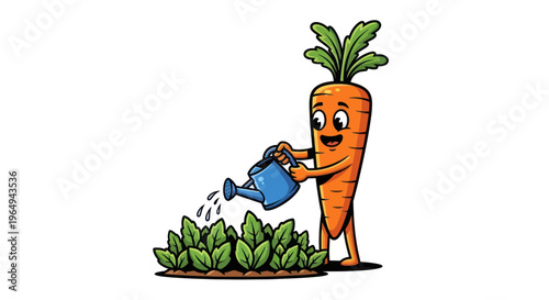 Funny cartoon carrot watering plants in garden, healthy food concept