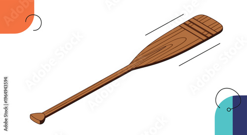 Detailed illustration of a single wooden boat oar with wood grain texture placed diagonally against a clean background with abstract shapes.