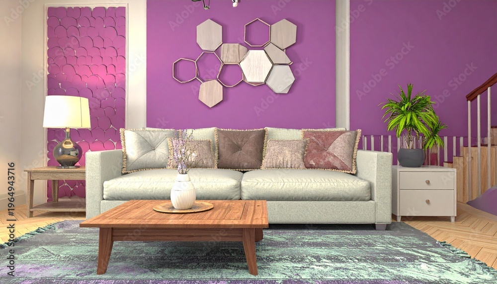 Living room interior with purple walls and modern decor.