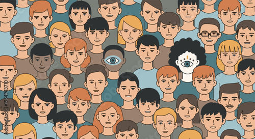 Crowd of diverse people illustrated with neutral expressions where two characters uniquely possess a third eye on their foreheads.