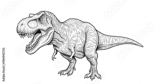Highly detailed black and white engraving-style illustration of a fierce Tyrannosaurus Rex dinosaur with its large mouth open.