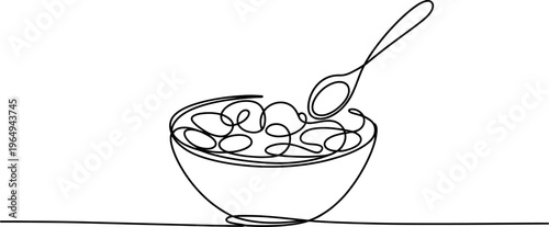 A single, unbroken line forms the shape of a bowl filled with what appears to be cereal or pasta. The simplicity of the stroke highlights the basic form and movement of the subject