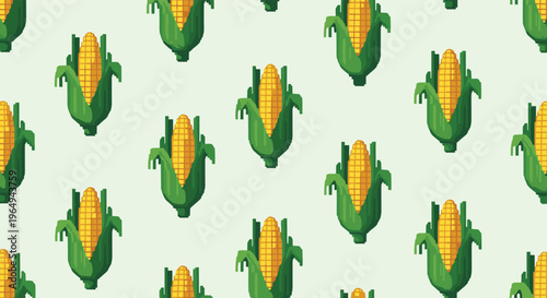 Pixel art seamless pattern of yellow ears of corn with green husks arranged vertically against a pale green background for a harvest theme.