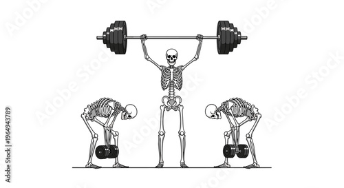Three human skeletons depicted in a gym setting performing various weightlifting exercises with barbells and dumbbells for a humorous theme.