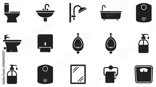 A collection of black and white bathroom icons on a clean Transparent Background