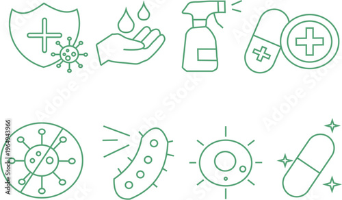 Bacteria and Medicine green Line Icon Set for World Health Day, Antibiotic Awareness, Healthcare and Medical Research Vector Collection