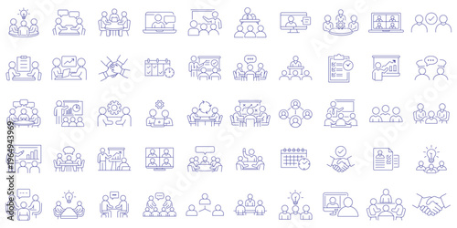 Business teamwork and management line icon set, project planning, human resources, work group, partnership, meeting, success, simple vector illustration