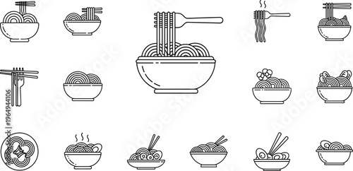 Professional Asian cuisine line icon set featuring ramen bowls, noodles with chopsticks and forks, soup, and pasta for restaurant menu design, food delivery apps, and culinary branding projects.