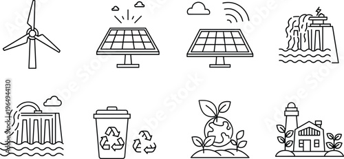 Renewable energy and green technology vector icon set featuring hydroelectric dams solar panels wind turbines and eco friendly lighthouse house,