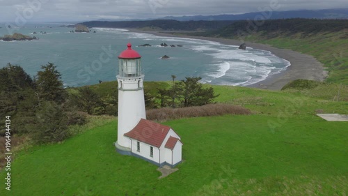 Aerial view of Cape Blanco Liighthouse on the Oregon coast. 