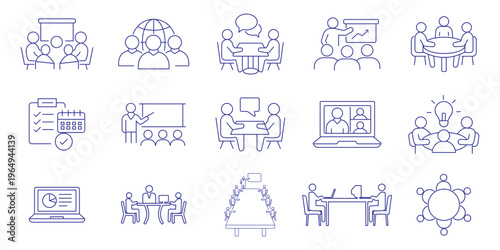 Business teamwork and management line icon set, project planning, human resources, work group, partnership, meeting, success, simple vector illustration